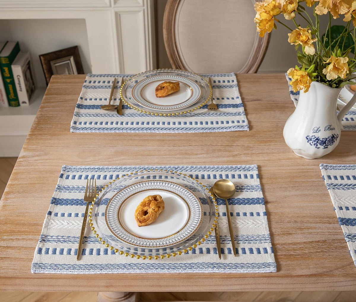 Caflife Boho Placemats Set of 4, Blue Beige Cotton Linen Woven Place Mats
