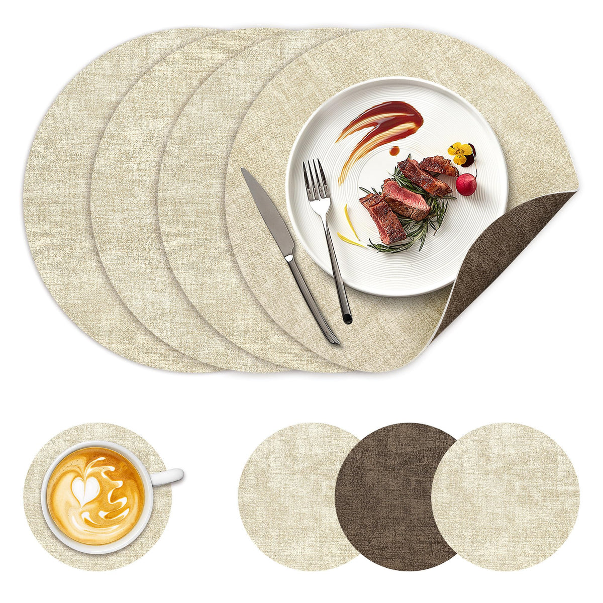 NCUE 13" Faux Leather Round Placemats Set of 6, Reversible Dual-Color