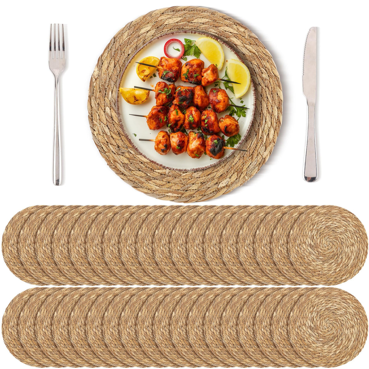 Kochorie Set of 6 Round Woven Placemats - 12 Inch Natural Boho Rattan Wicker Table Mats for Home Dining Table