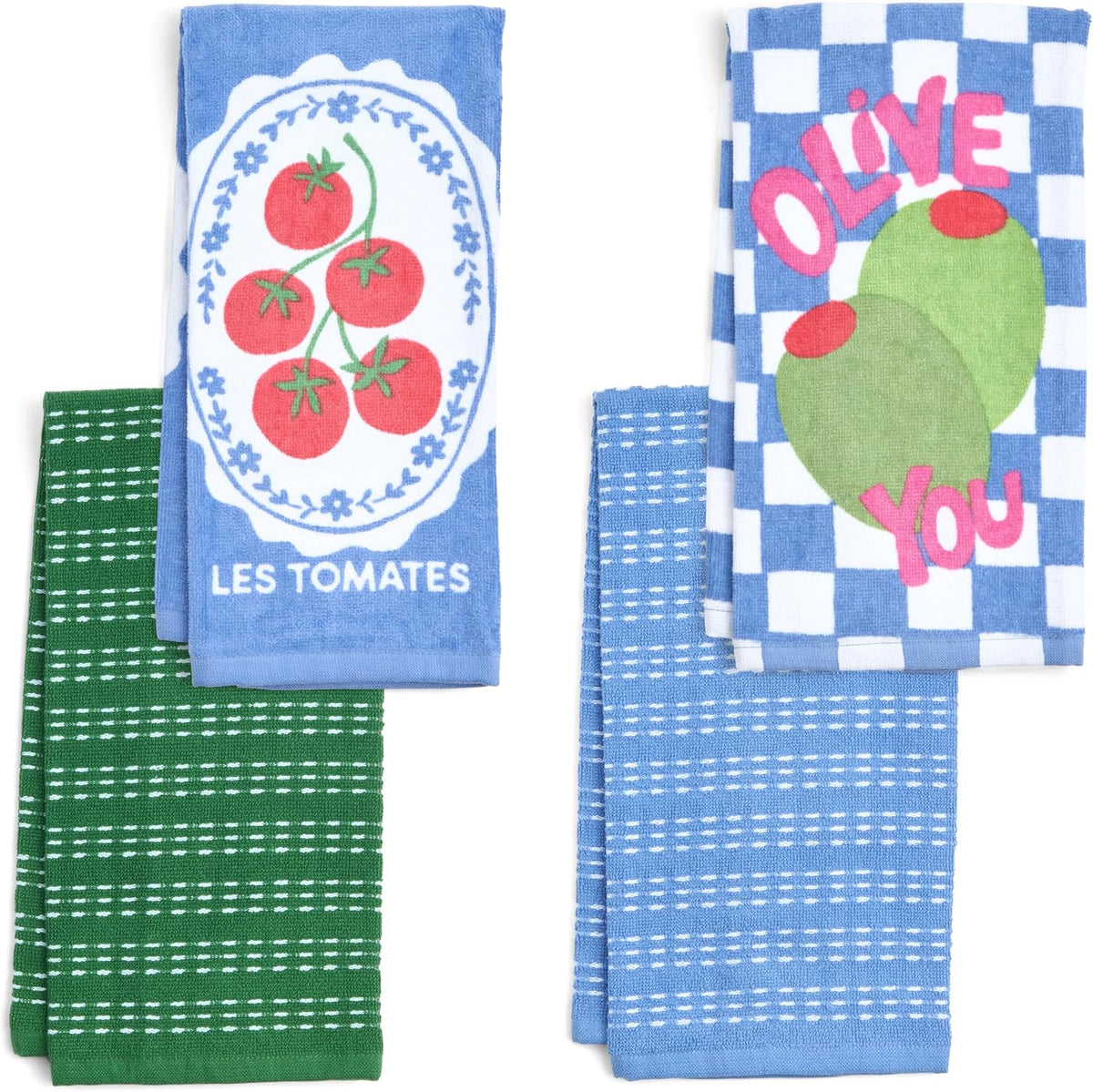 Ritz 4-Piece Kitchen Towel Set, Tomato & Olive Prints with Pine Green & Blue Textured Terry, 100% Cotton & Absorbent Blend, 16" x 26", Vintage Mediterranean Foodie Kitchen Decor