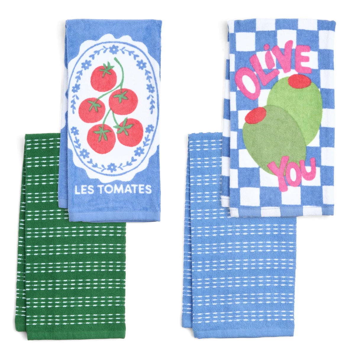 Ritz 4-Piece Kitchen Towel Set, Tomato & Olive Prints with Pine Green & Blue Textured Terry, 100% Cotton & Absorbent Blend, 16" x 26", Vintage Mediterranean Foodie Kitchen Decor