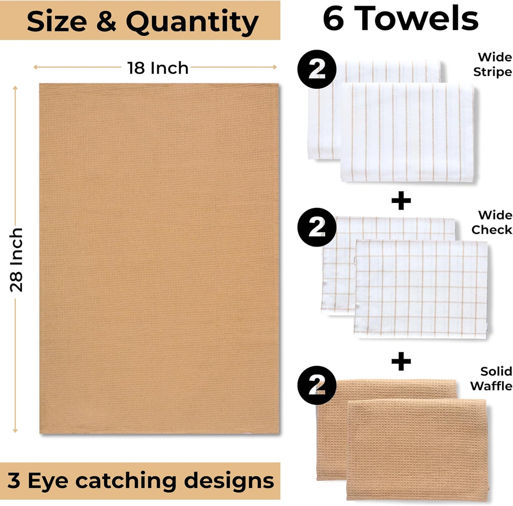 Cotton Dish Towels For Kitchen Drying - Highly Absorbent Wide Beige Striped Plaid Tea Towels - 18"X28" Set Of 6 Farmhouse Linen Dishtowels In Bulk - Pano De Prato Para Cozinha - T Towles Towls