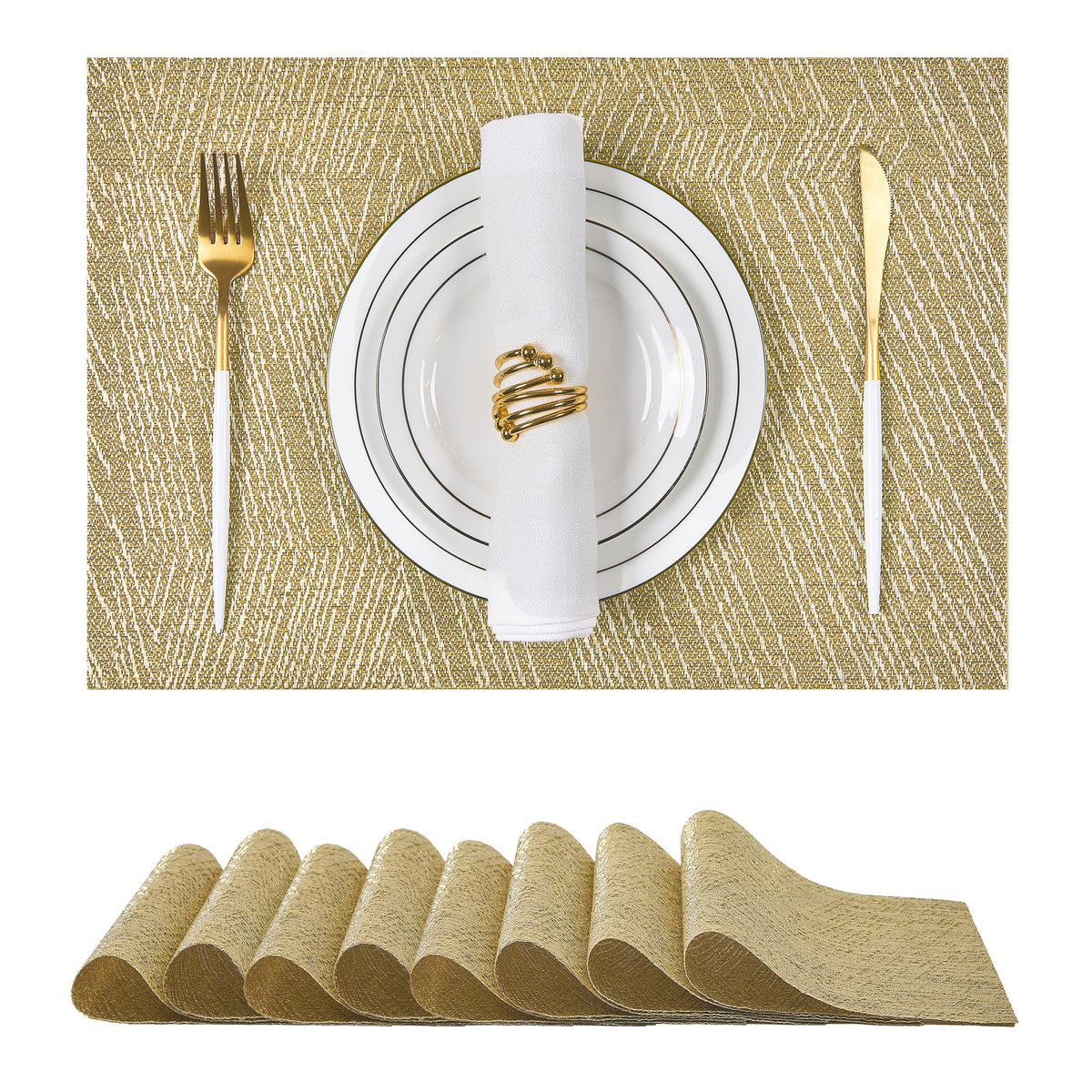 Beige Placemats Set of 6 - Heat-Resistant, Non-Slip Table Mats, Washable Woven Vinyl for Indoor & Outdoor Dining
