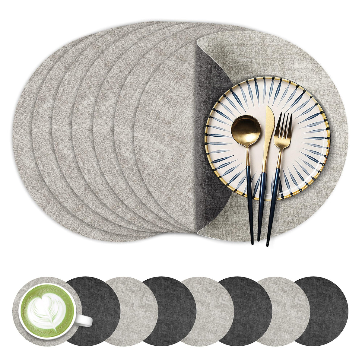 Fyvva Placemats Set of 4, 13" Round Reversible Faux Leather with Coasters