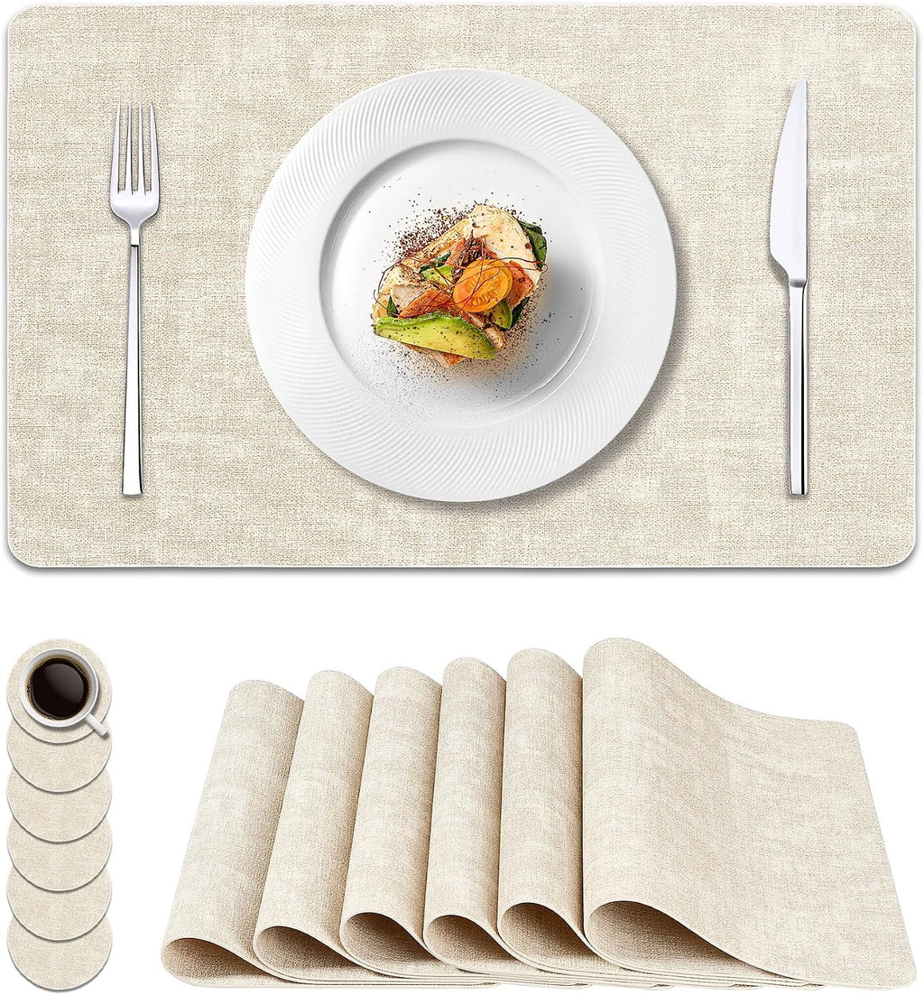 NCUE Vinyl Placemats Set of 6, 17"x12" Wipeable Place Mats with Coasters