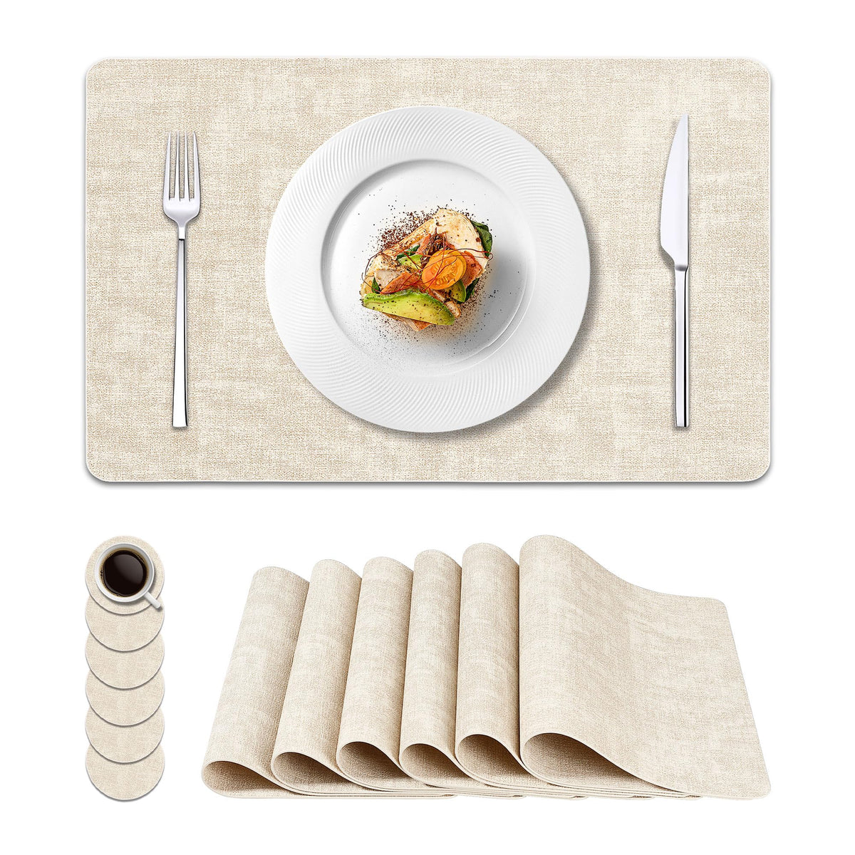 NCUE Vinyl Placemats Set of 6, 17"x12" Wipeable Place Mats with Coasters