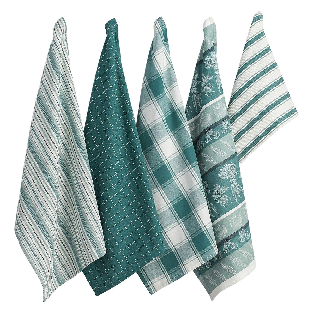DII Assorted Pattern Kitchen Dishtowels and Dishcloth Set of 5, Parsley Green