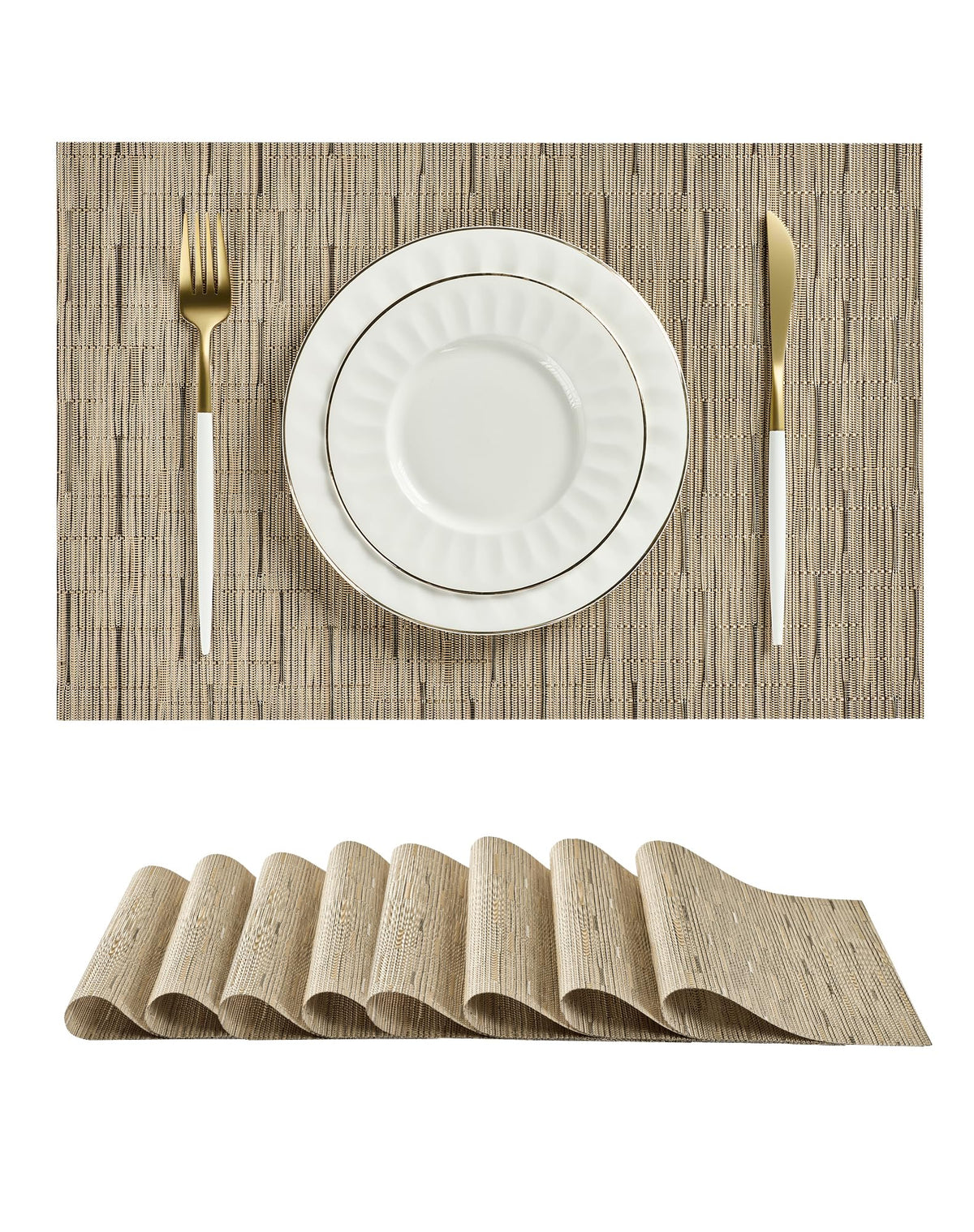 Beige Placemats Set of 6 - Heat-Resistant, Non-Slip Table Mats, Washable Woven Vinyl for Indoor & Outdoor Dining
