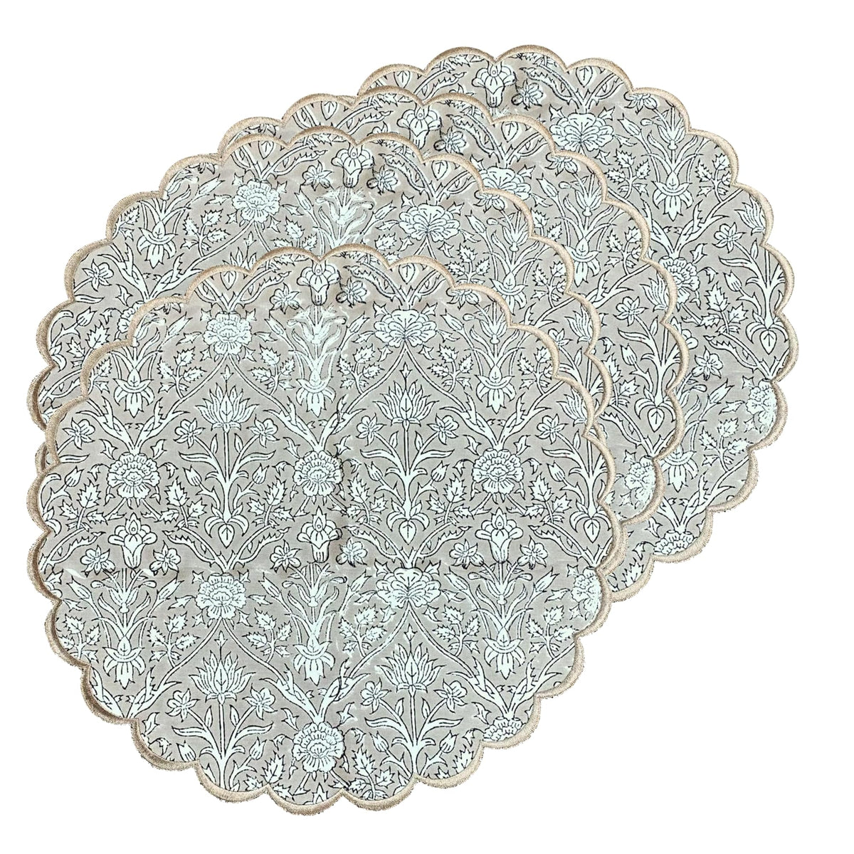 Ridhi Floral Block Print Round Placemats 15" in, Set of 4, Powder Blue