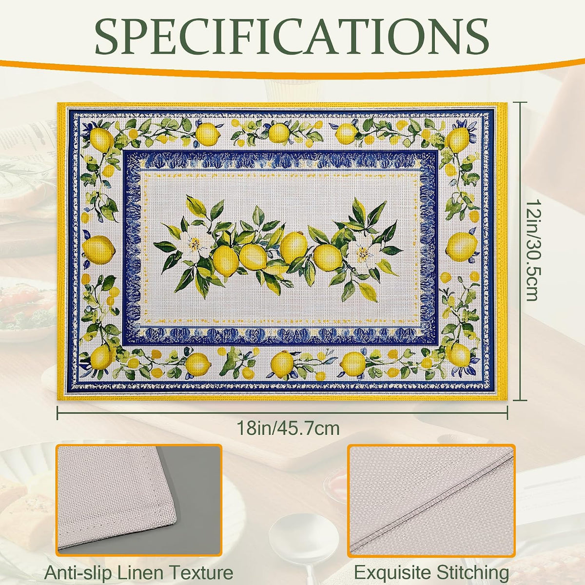 Lemon Branches Fabric Placemats,Vintage Rustic Country Table Placemats Set of 6 Cloth Place Mats, Washable Heat-Resistant Table Mats for Home Kitchen Dining Room Decoration 11.8x17.7 Inch