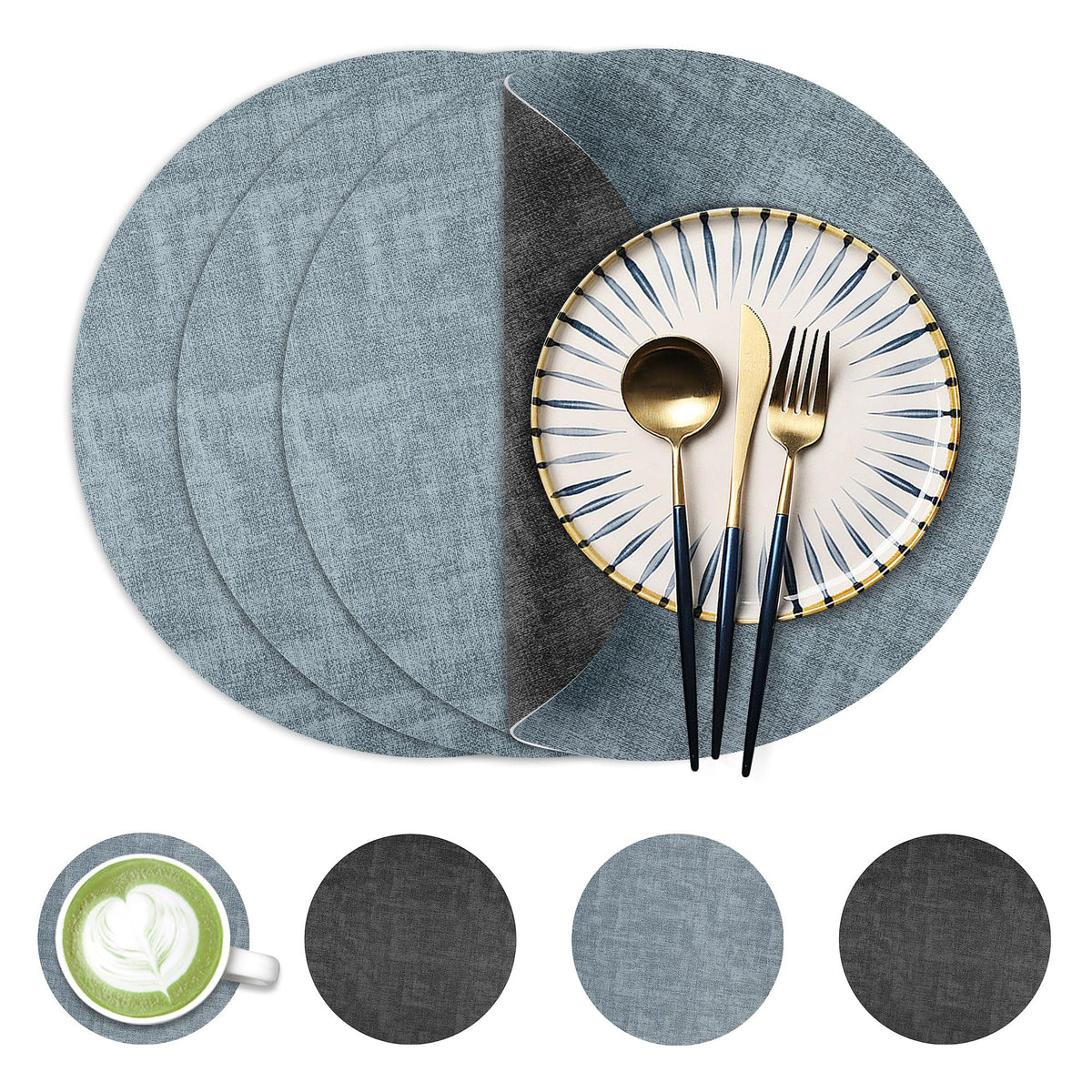 Fyvva Placemats Set of 4, 13" Round Reversible Faux Leather with Coasters