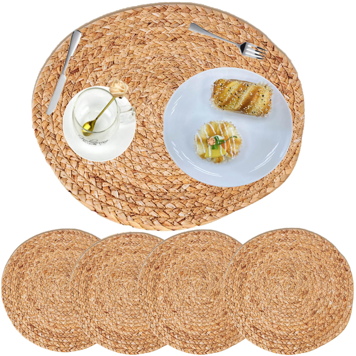 Round Woven Placemats, Natural, 35cm, Set of 2