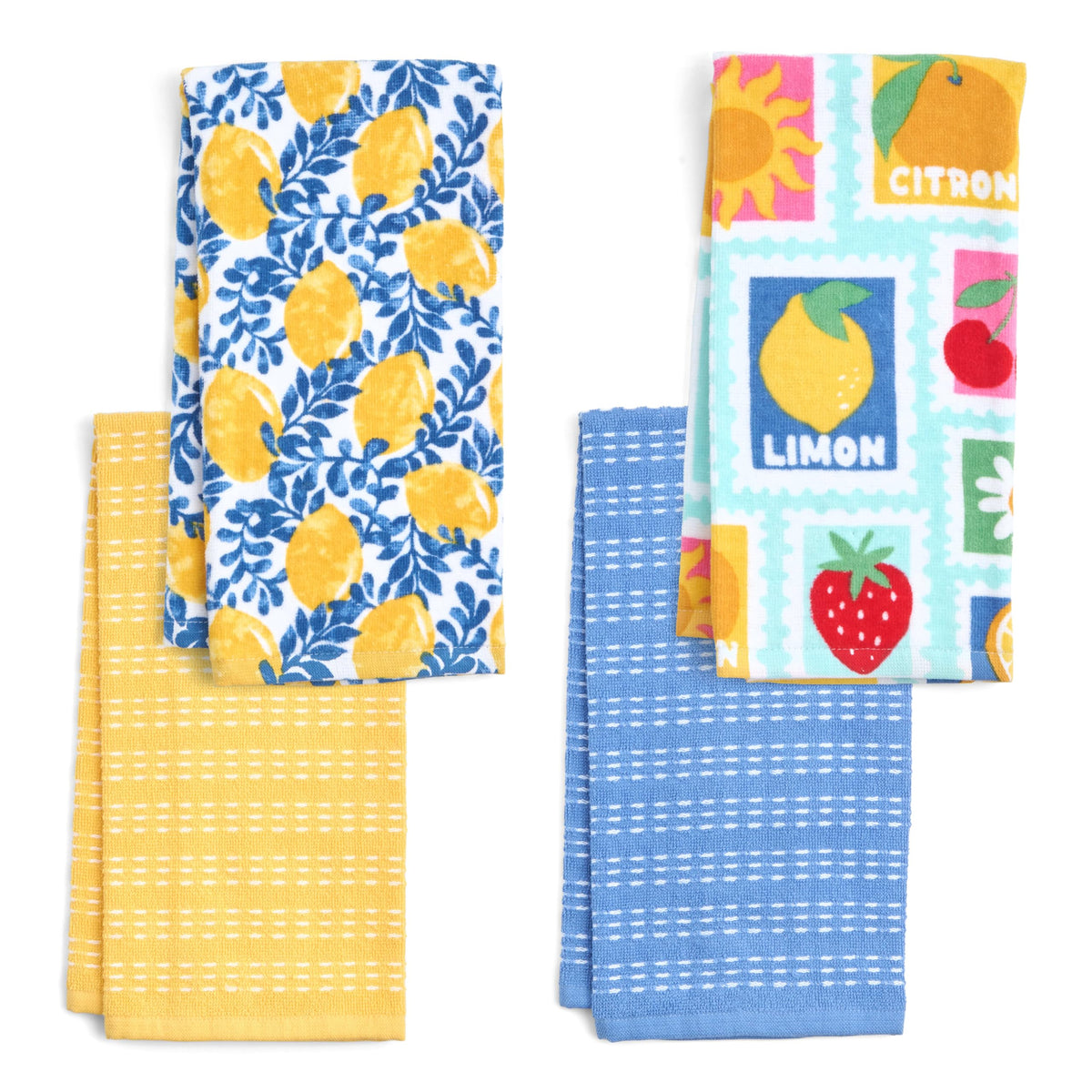 Ritz 4-Piece Kitchen Towel Set, Tomato & Olive Prints with Pine Green & Blue Textured Terry, 100% Cotton & Absorbent Blend, 16" x 26", Vintage Mediterranean Foodie Kitchen Decor