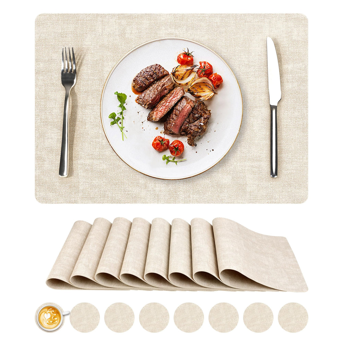 NCUE Vinyl Placemats Set of 6, 17"x12" Wipeable Place Mats with Coasters