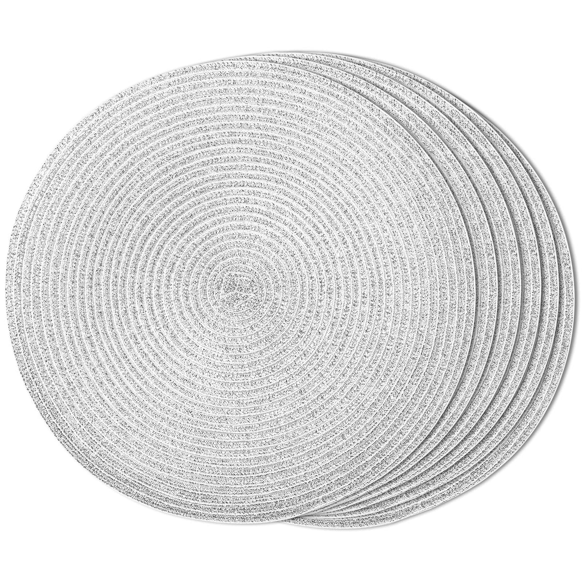 FunWheat Round Braided Placemats Set of 6 Table Mats for Dining Tables Woven Washable Non-Slip Place mats 15 in(Blue, 6pcs)
