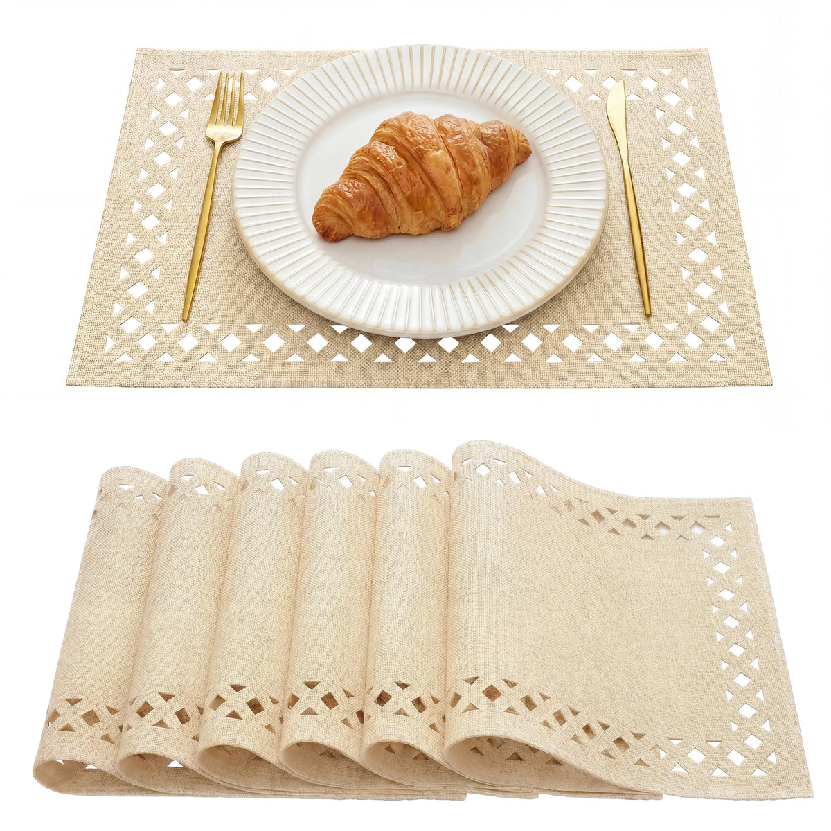 Artoid Mode Farmhouse Placemats Set of 6, Linen Textured Lattice Cutwork Fall Place Mats for Kitchen Dining Table Decor and Outdoor Party, 12 x 18 Inchs, Light Brown