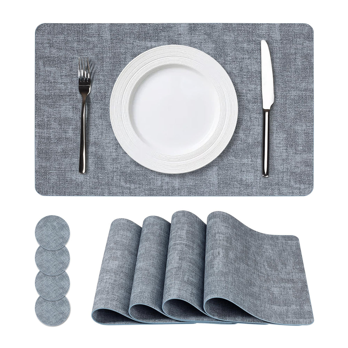 NCUE Vinyl Placemats Set of 6, 17"x12" Wipeable Place Mats with Coasters