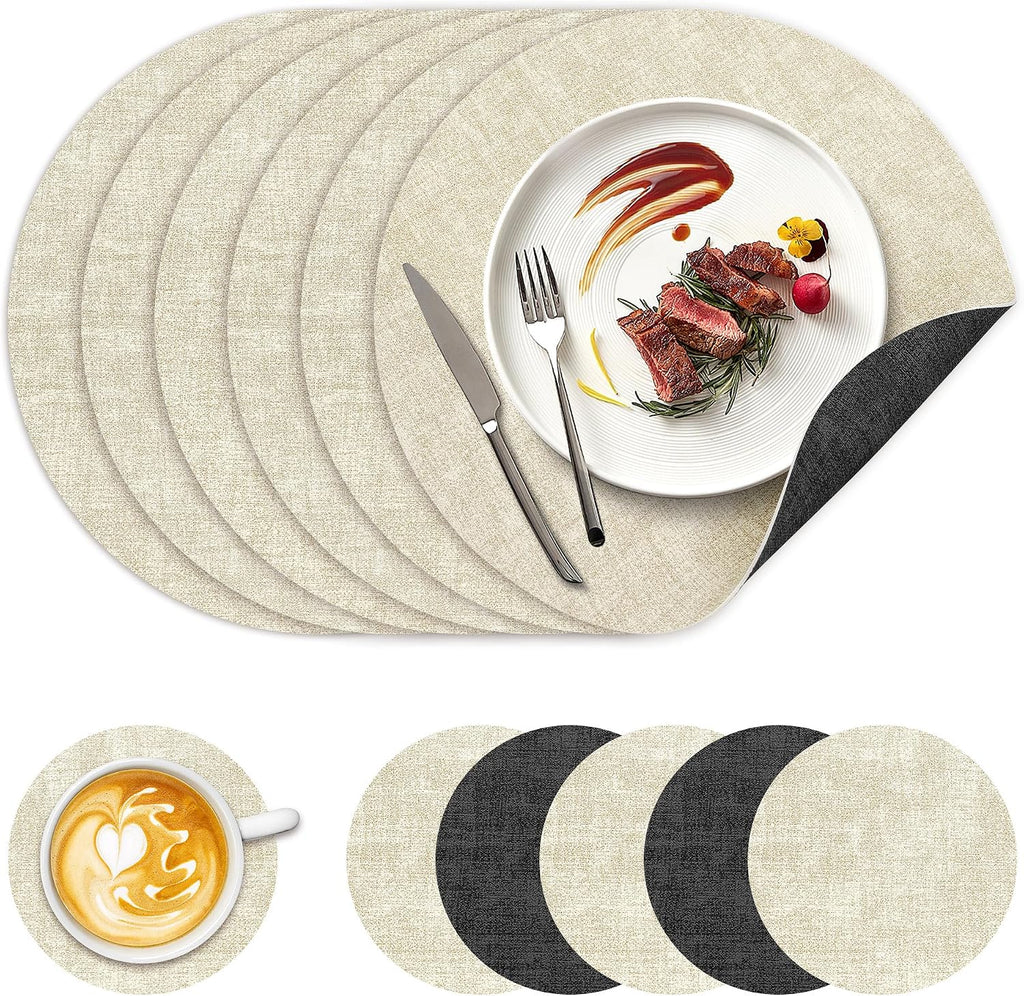 NCUE 13" Faux Leather Round Placemats Set of 6, Reversible Dual-Color