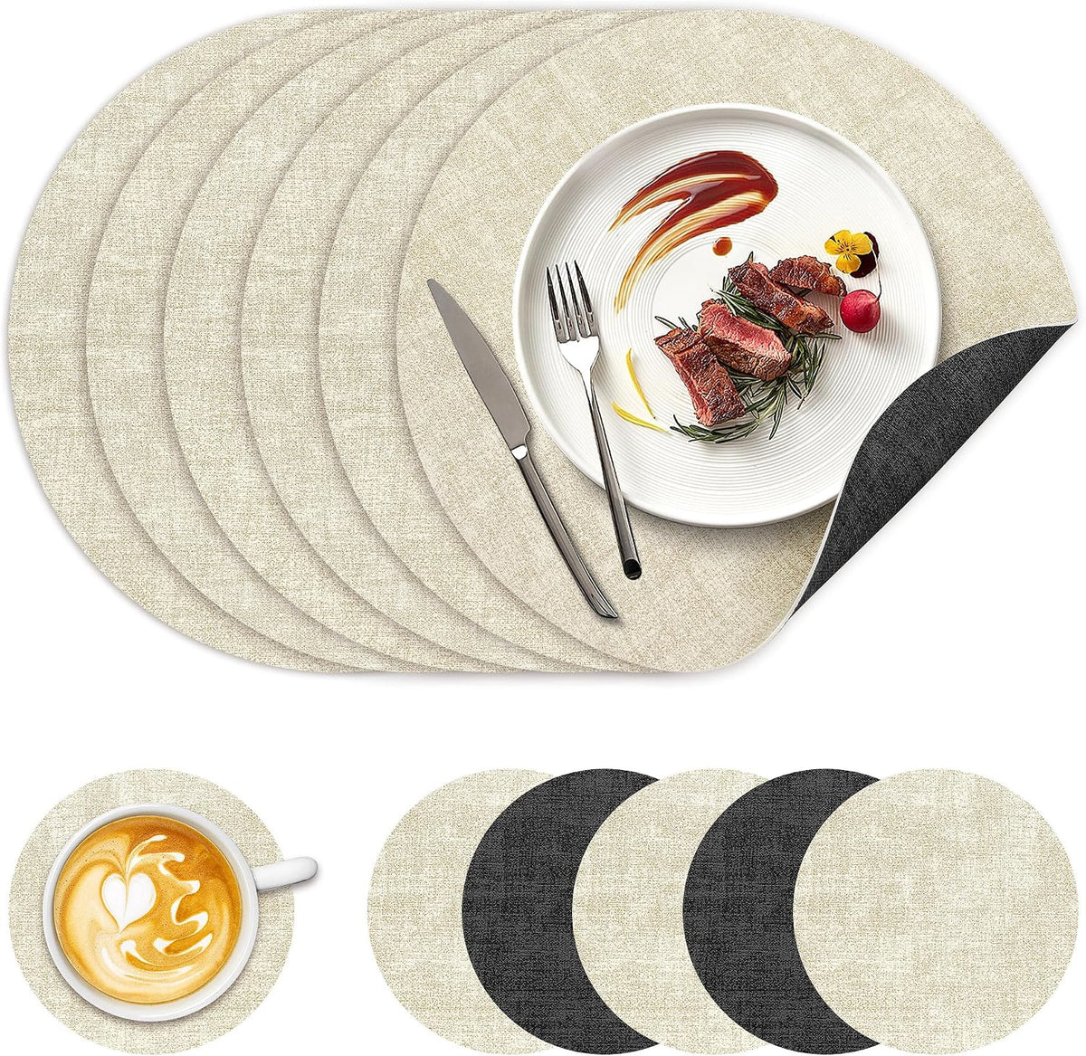 NCUE 13" Faux Leather Round Placemats Set of 6, Reversible Dual-Color
