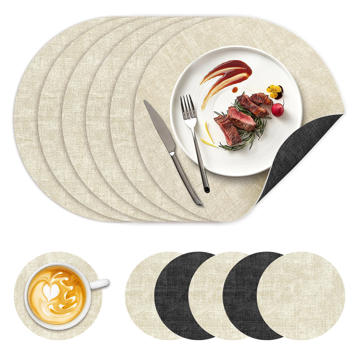 NCUE 13" Faux Leather Round Placemats Set of 6, Reversible Dual-Color