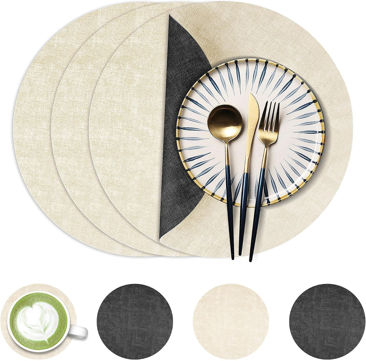 Fyvva Placemats Set of 4, 13" Round Reversible Faux Leather with Coasters