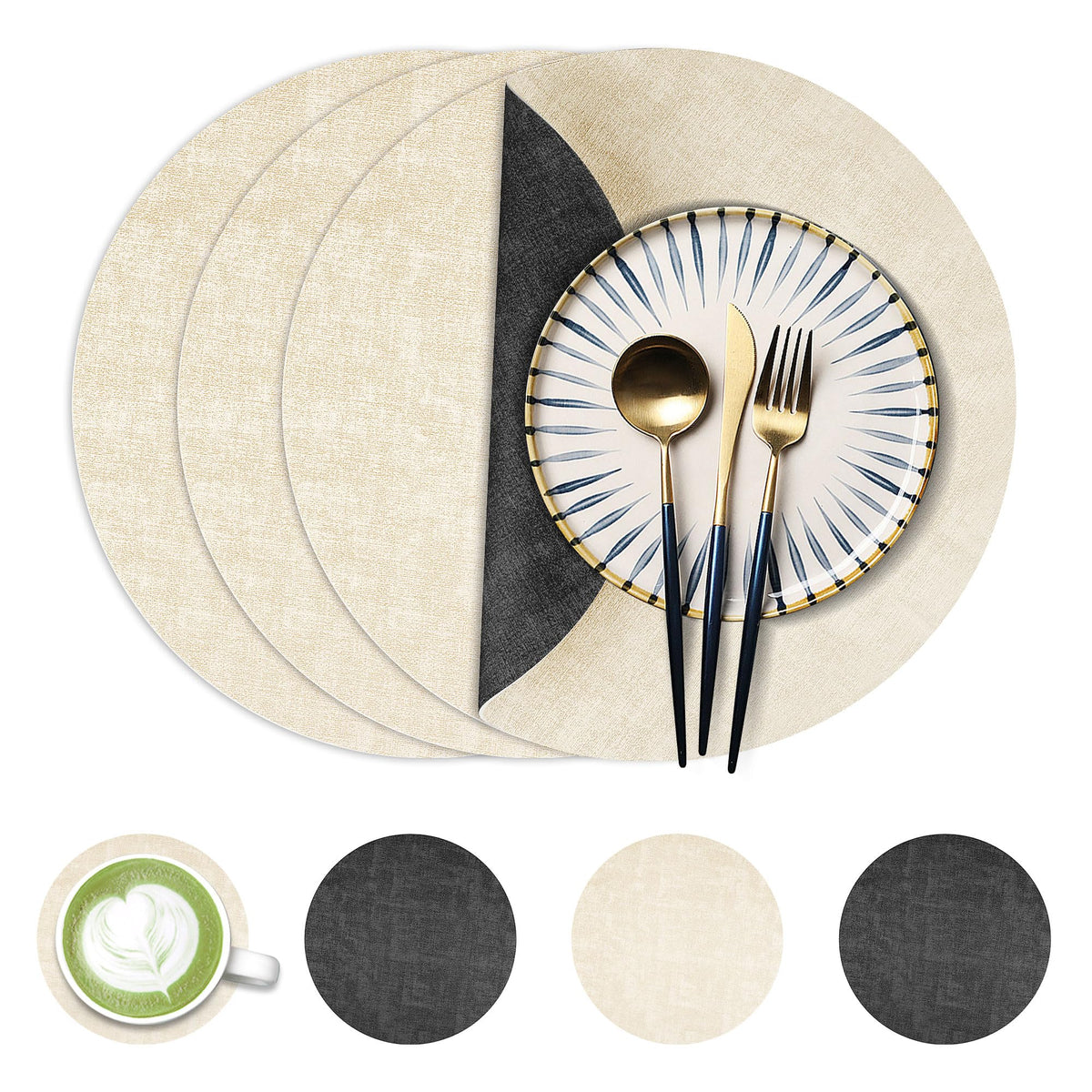 Fyvva Placemats Set of 4, 13" Round Reversible Faux Leather with Coasters