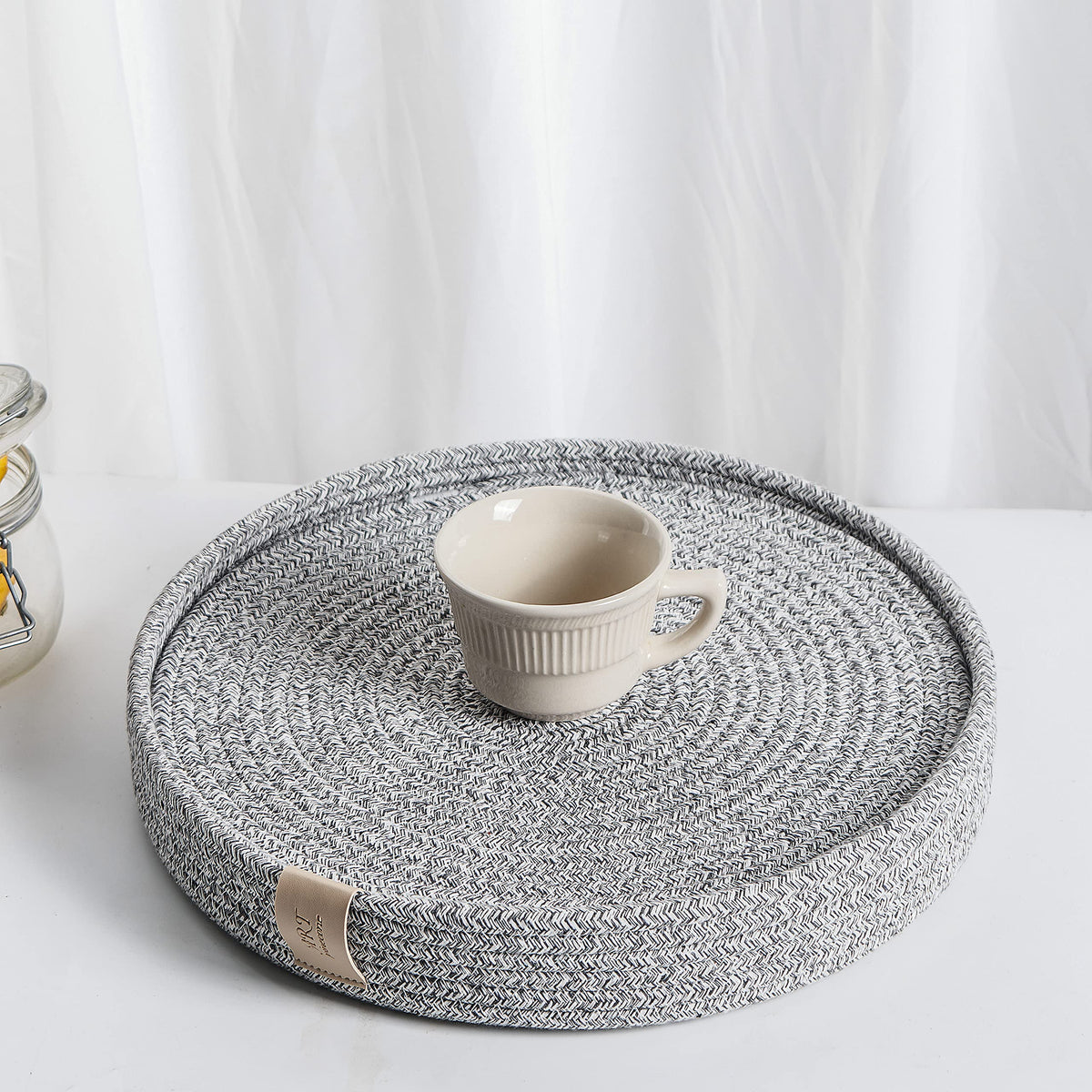 5-Piece Round Cotton Rope Placemats & Holder, Off White
