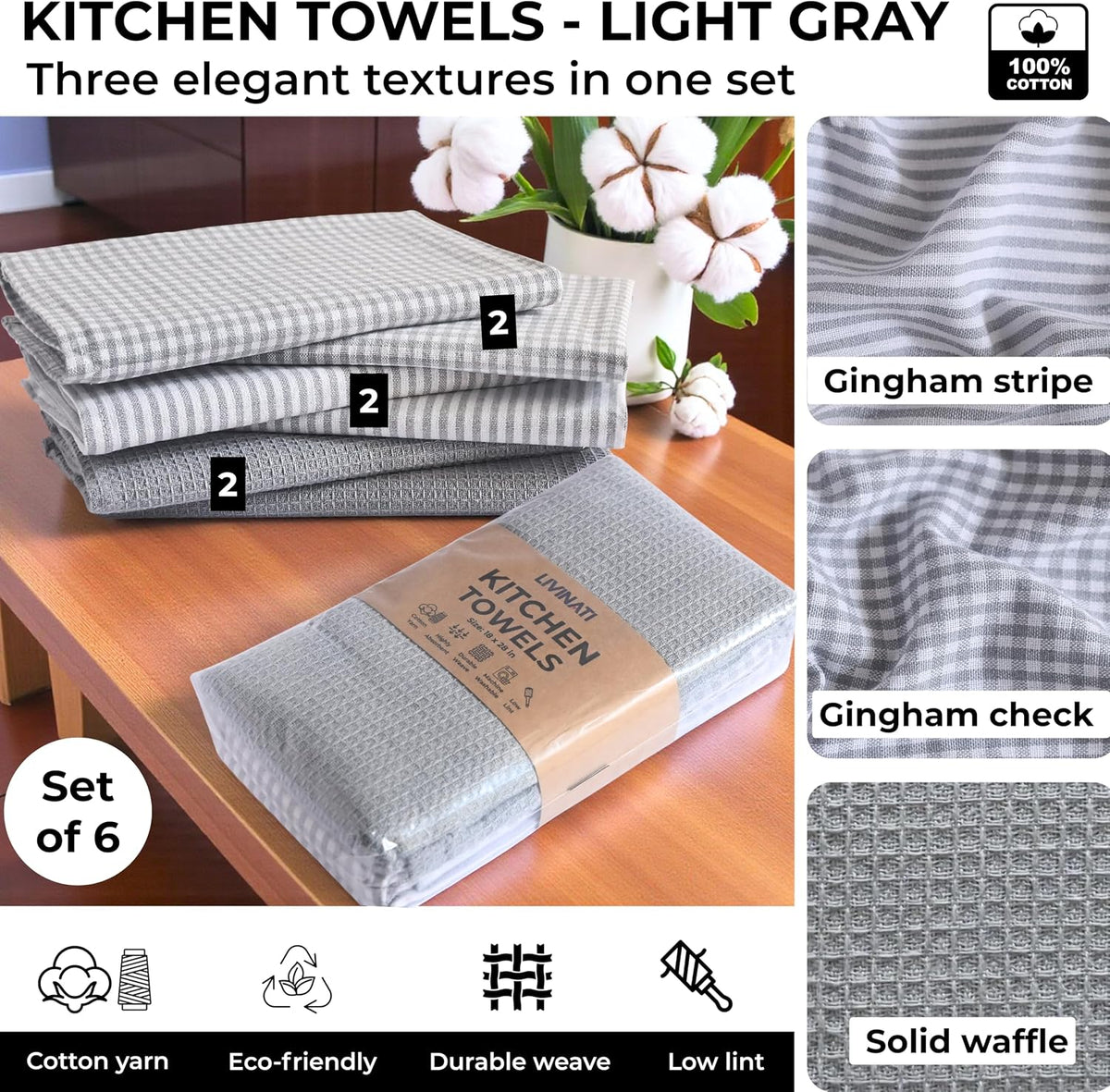 Cotton Dish Towels For Kitchen Drying - Highly Absorbent Light Gray Striped Gingham Plaid Tea Towels - 18"X28" Set Of 6 Farmhouse Linen Dishtowels In Bulk - Pano De Prato Para Cozinha - T Towles Towls