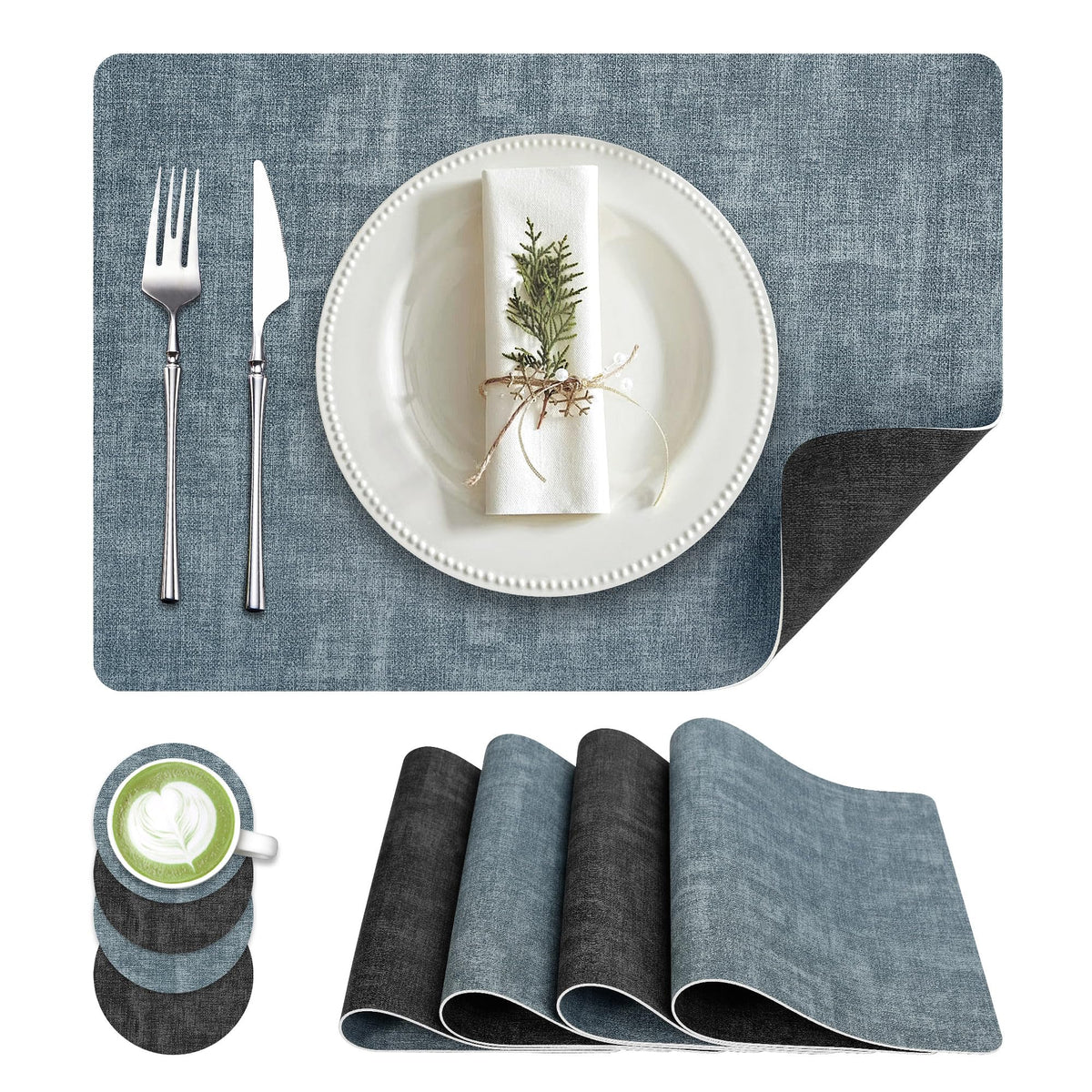 Fyvva Placemats Set of 4, 13" Round Reversible Faux Leather with Coasters