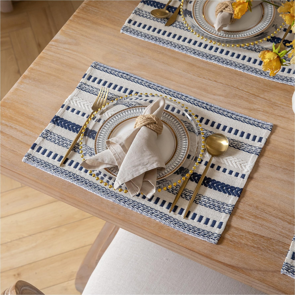 Caflife Boho Placemats Set of 4, Blue Beige Cotton Linen Woven Place Mats
