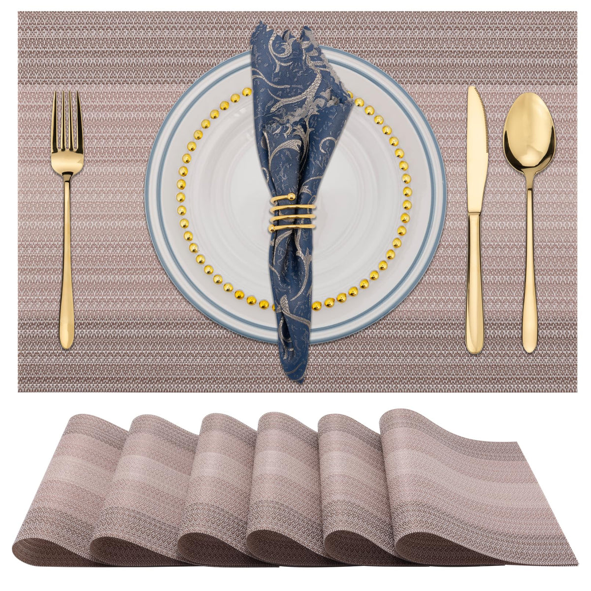 Winknowl Placemats Set of 8, Heat Resistant Non-Slip Vinyl Woven Table Mats for Dining Table, Washable Durable Elegant Place Mats for Kitchen Indoor/Outdoor Use (Beige Blue)