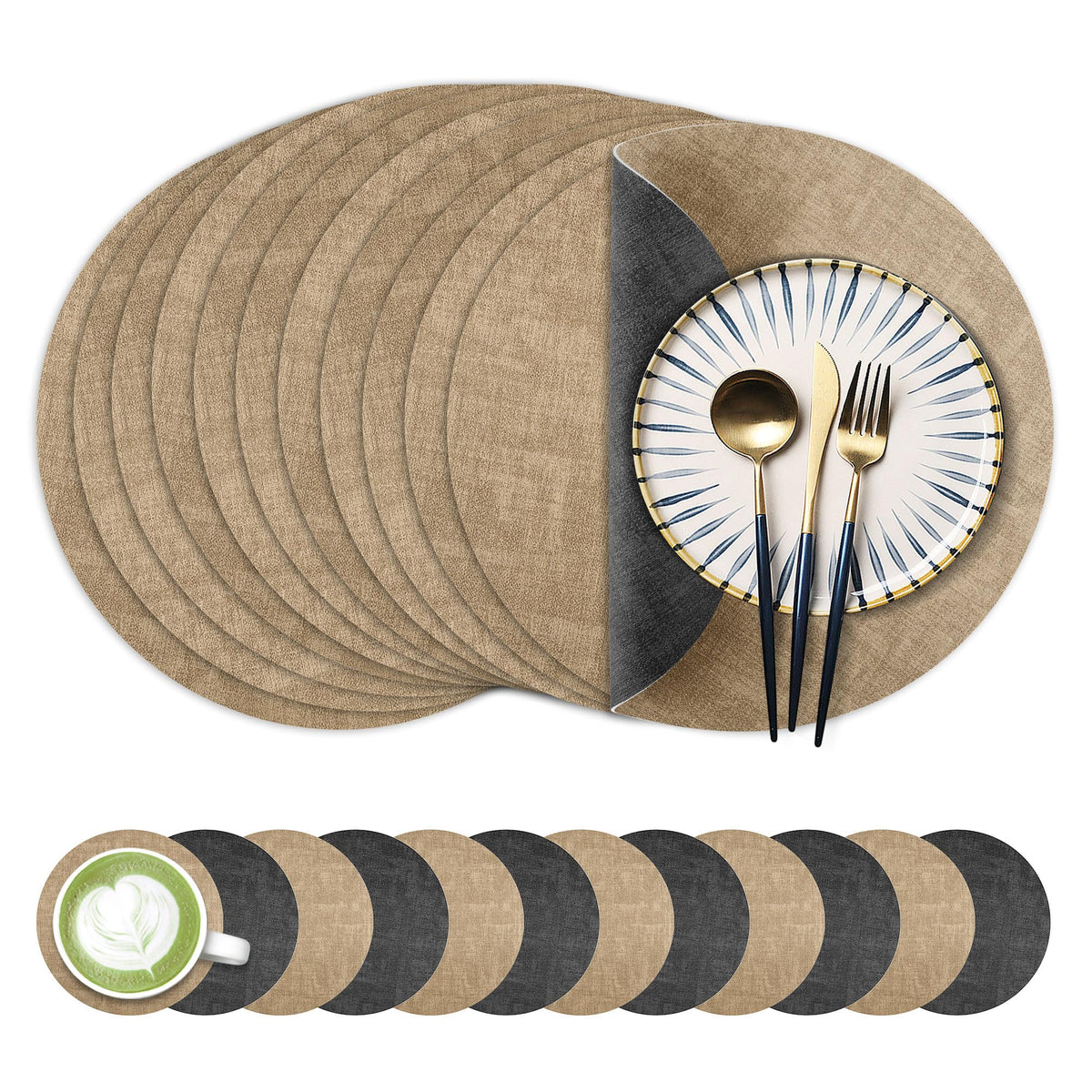 Fyvva Placemats Set of 4, 13" Round Reversible Faux Leather with Coasters