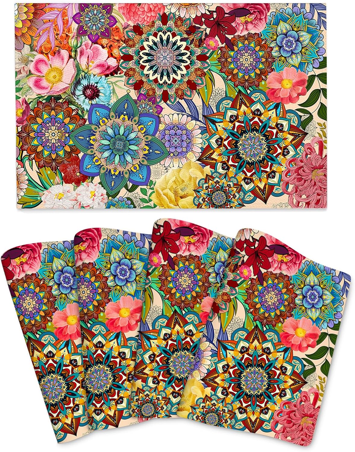Boho Floral Placemats Set of 4, Colorful Dining Table Mats 12"x18"