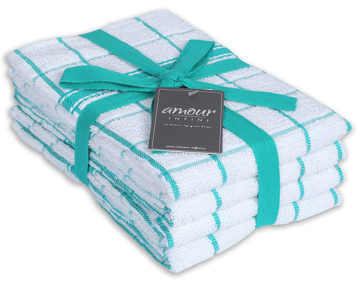 AMOUR INFINI Kitchen Towels Set of 4 - Highly Absorbent, Super Soft Terry Cotton 20x28 Inch Dish Towels with Hanging Loop - Hand & Tea Towels for Cleaning & Drying Dishes (Beige)