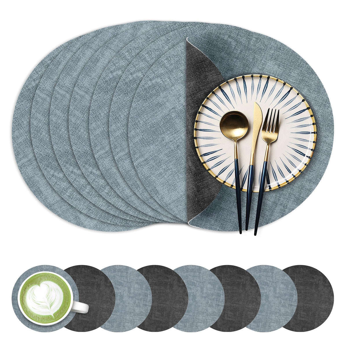 Fyvva Placemats Set of 4, 13" Round Reversible Faux Leather with Coasters