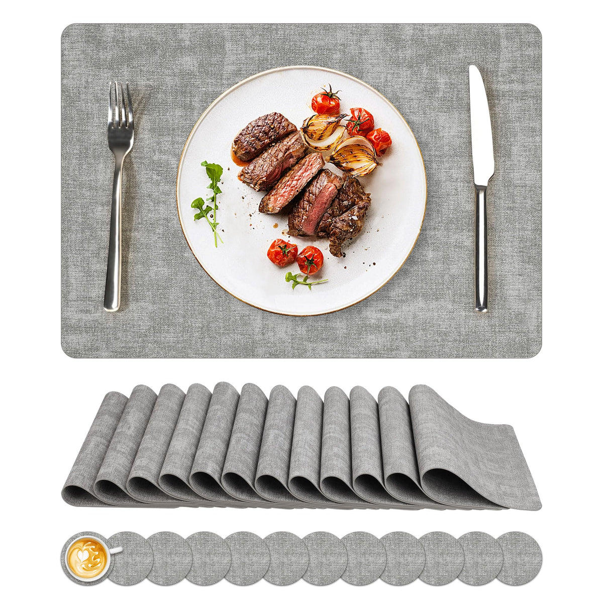 NCUE Vinyl Placemats Set of 6, 17"x12" Wipeable Place Mats with Coasters