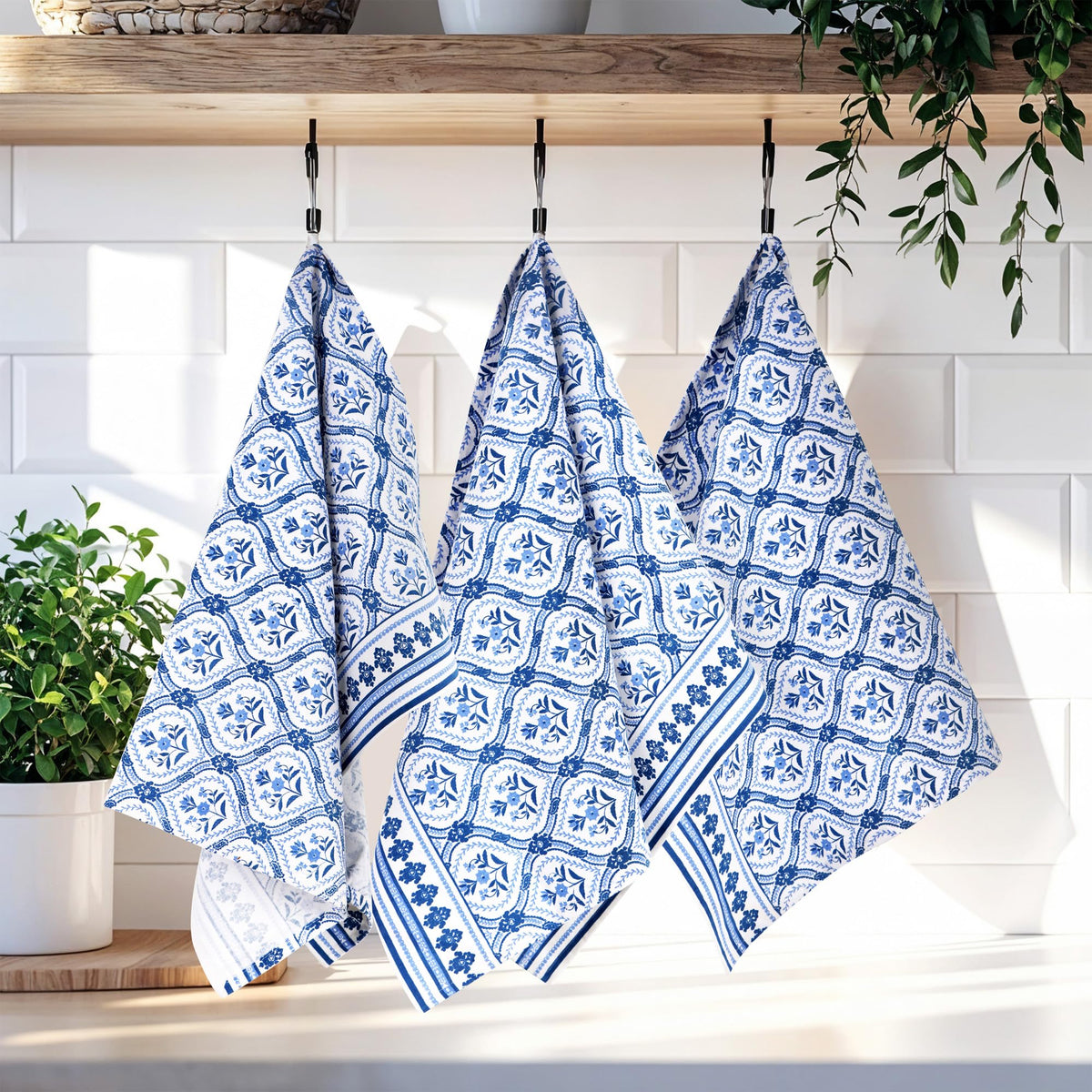 FINGERCRAFT Kitchen Towels 100% Cotton Set of 6 Tea Towel, Toile Blue
