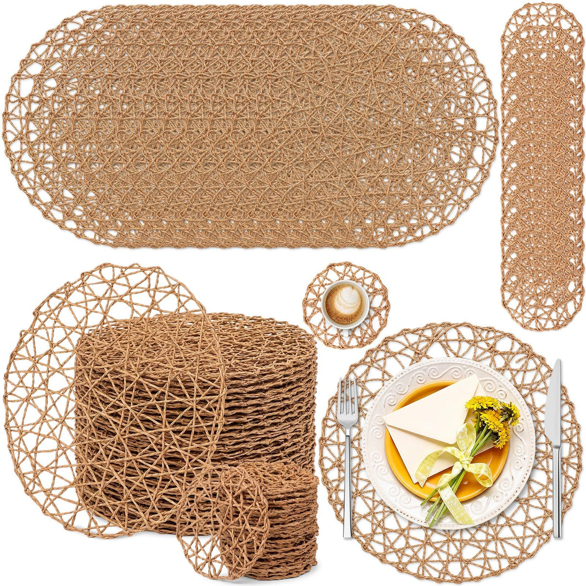 Threehoney Paper Braided Round Placemats, Set of 24, Brown, 13 in