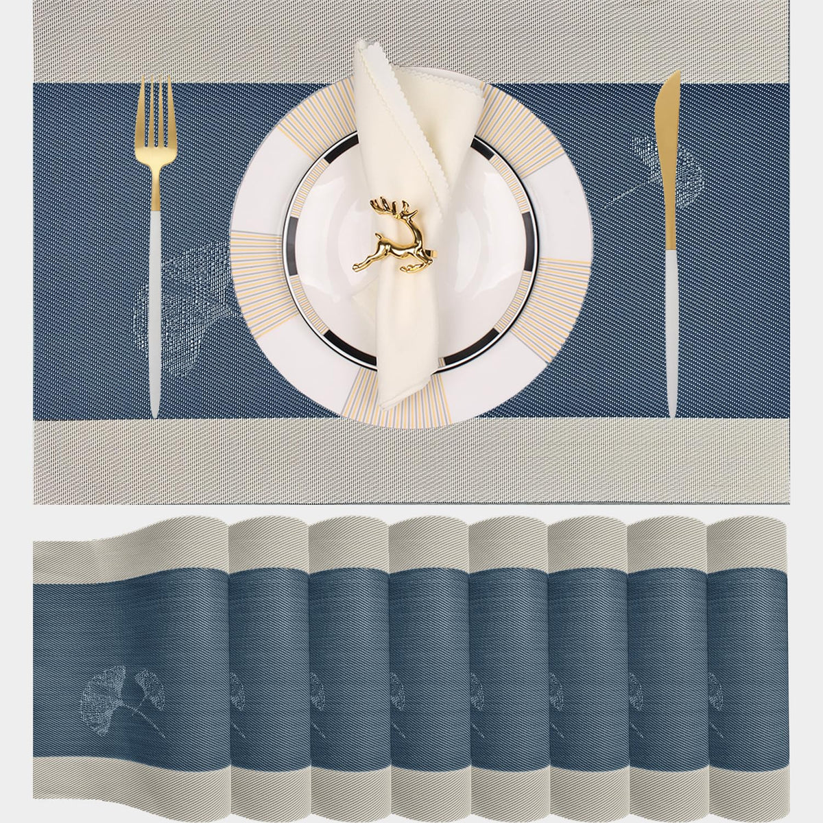 PIGCHCY Placemats,Washable Vinyl Woven Table Mats,Elegant Durable Placemats for Dining Table Set of 4 (18 x 12 inches, Navy Blue)