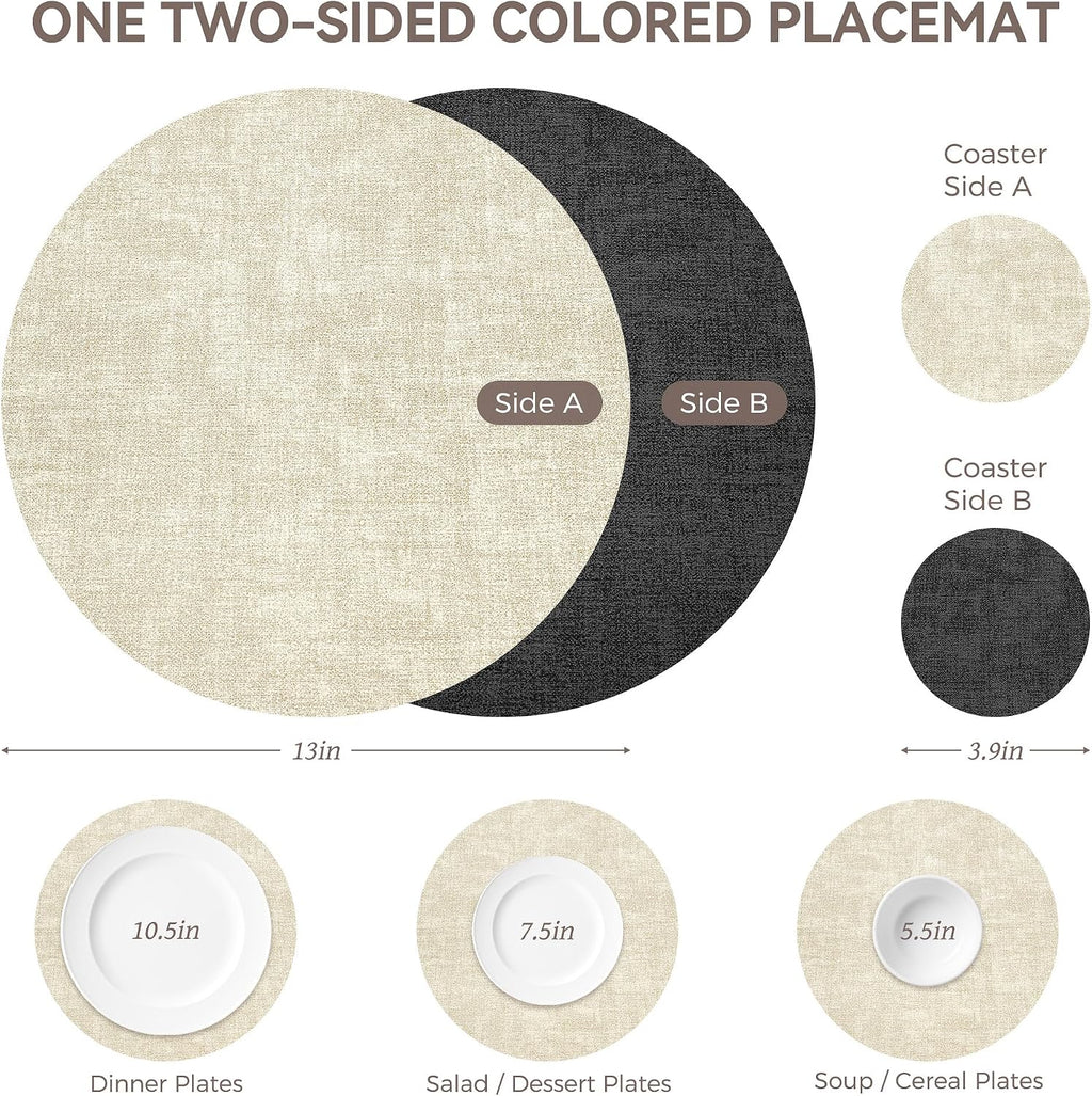 NCUE 13" Faux Leather Round Placemats Set of 6, Reversible Dual-Color