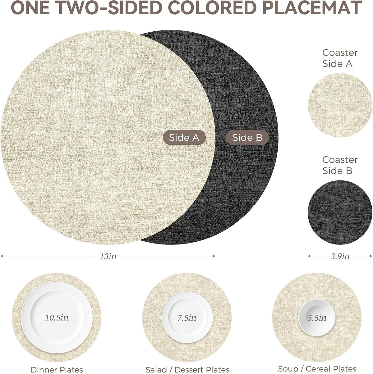 NCUE 13" Faux Leather Round Placemats Set of 6, Reversible Dual-Color