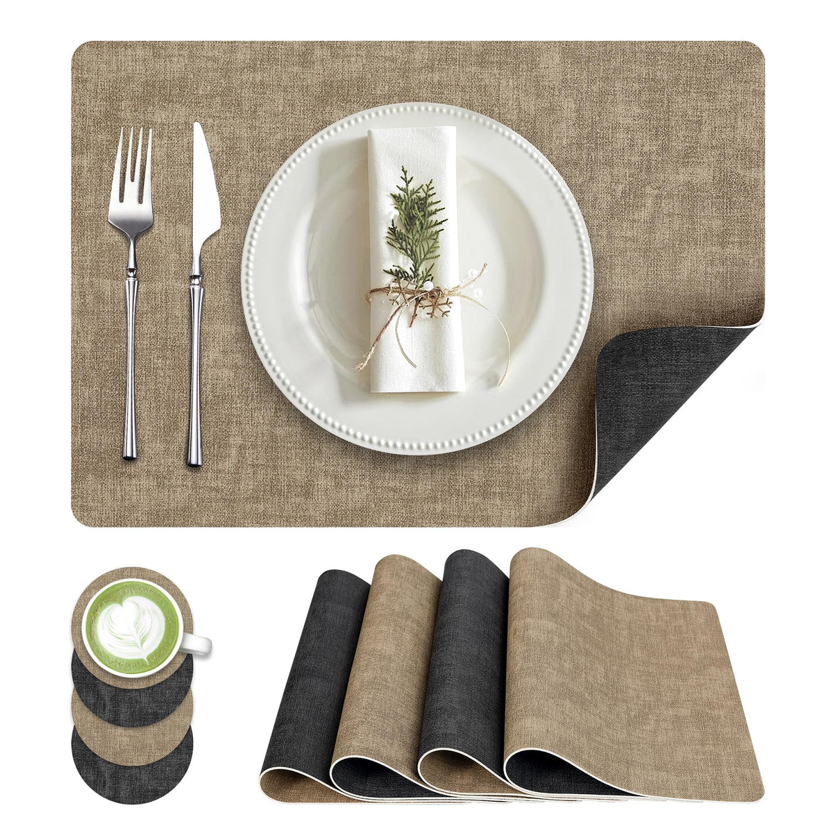 Fyvva Placemats Set of 4, 13" Round Reversible Faux Leather with Coasters