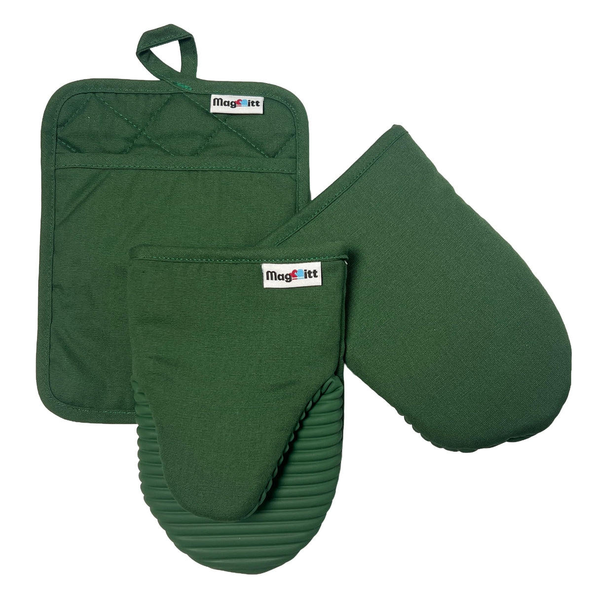 MagMitt Magnetic Oven Mitts & Pot Holder 3 Pc Set, High Heat Silicone Black