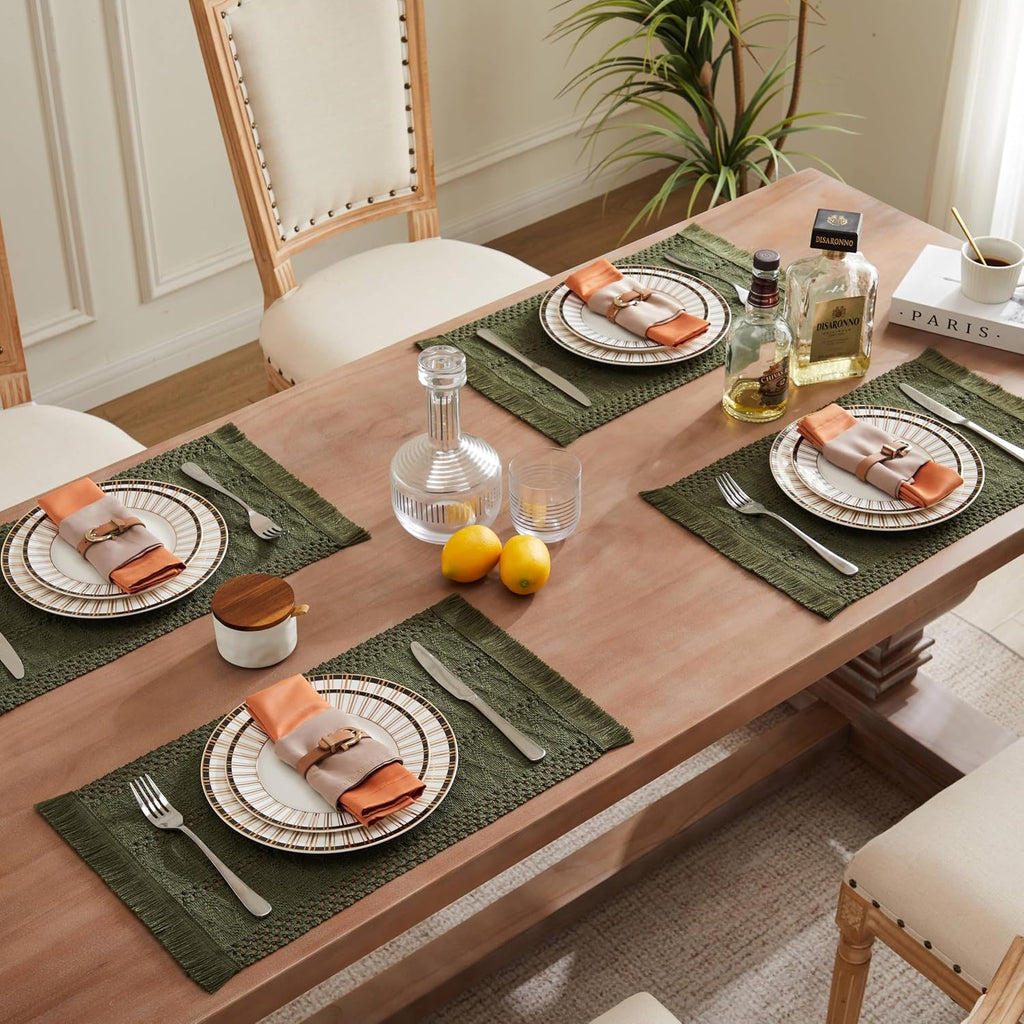 ZeeMart Macrame Style Boho Placemats Set of 4, Olive 12x20 Inch