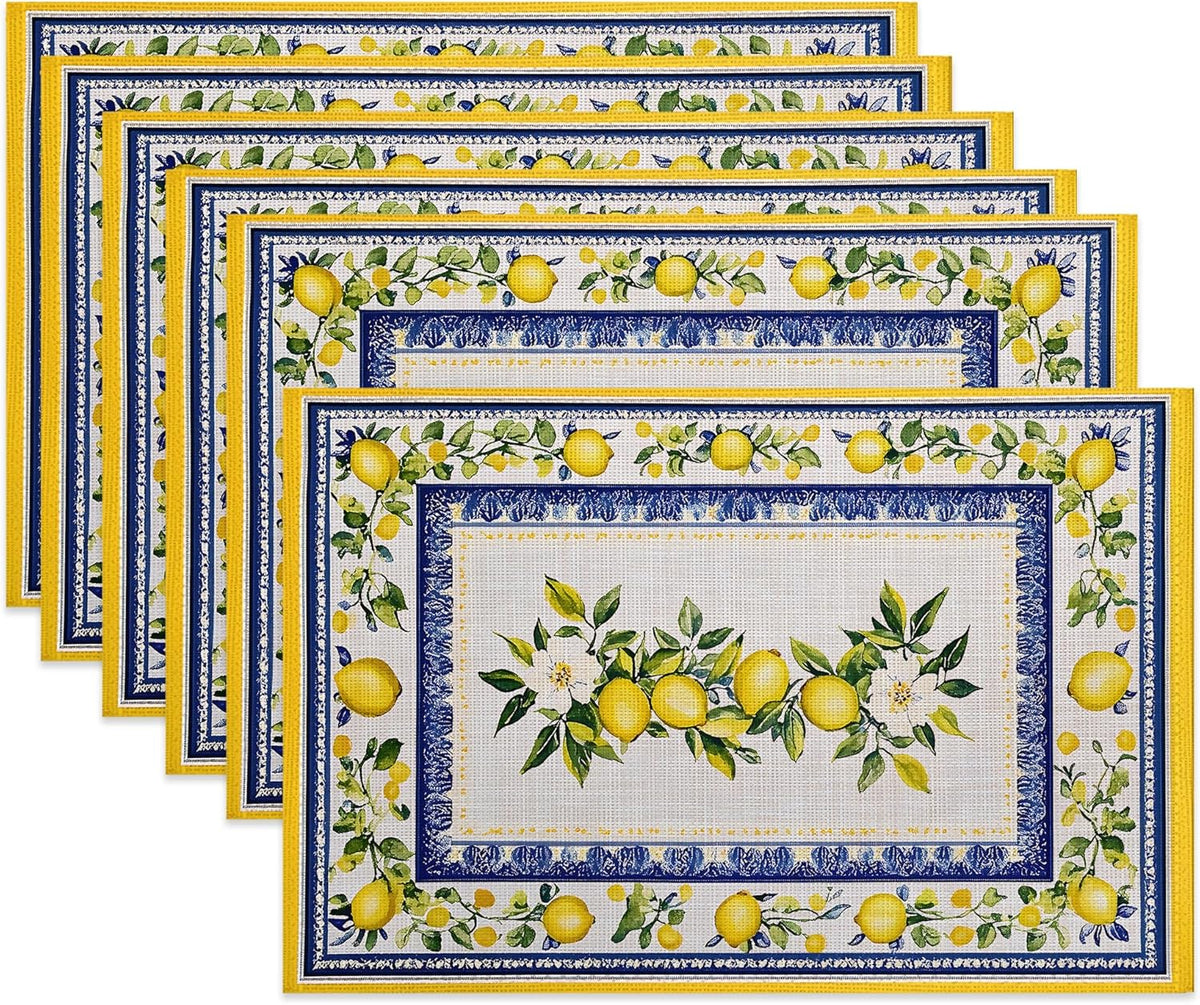 Lemon Branches Fabric Placemats,Vintage Rustic Country Table Placemats Set of 6 Cloth Place Mats, Washable Heat-Resistant Table Mats for Home Kitchen Dining Room Decoration 11.8x17.7 Inch