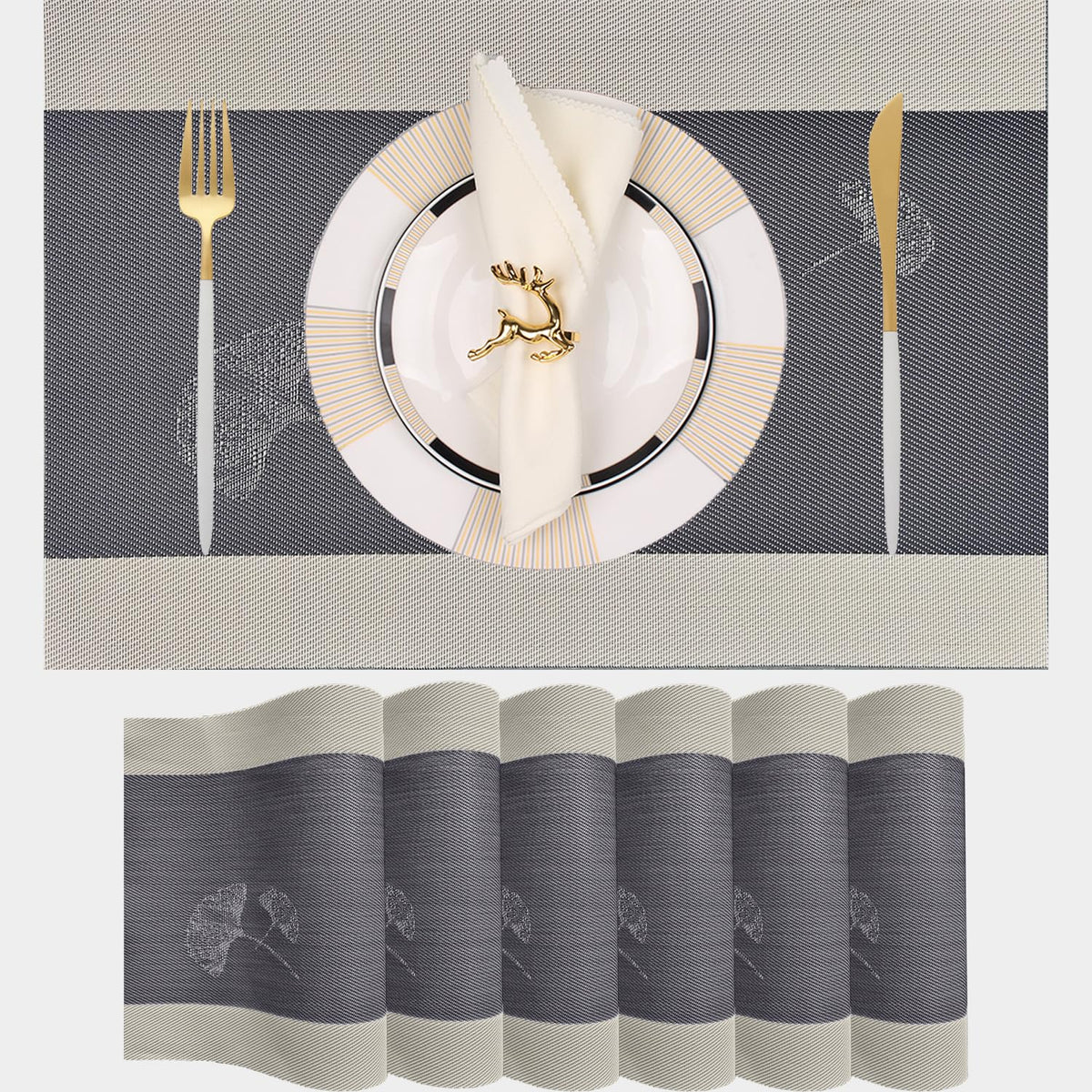 PIGCHCY Placemats,Washable Vinyl Woven Table Mats,Elegant Durable Placemats for Dining Table Set of 6 (Bamboo-Brown)
