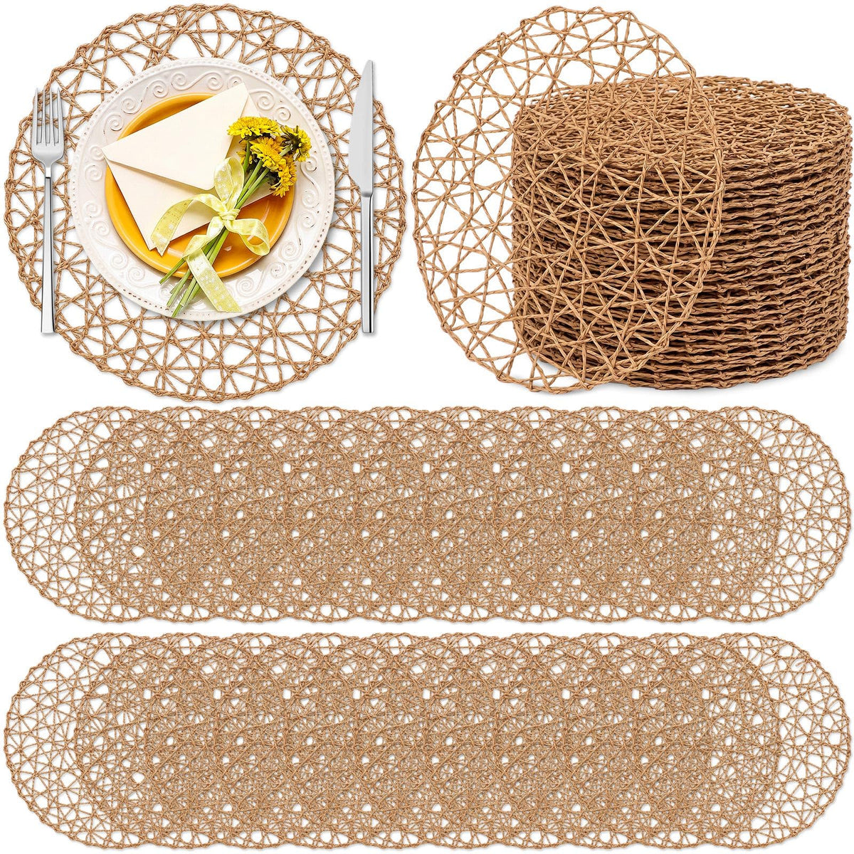 Threehoney Paper Braided Round Placemats, Set of 24, Brown, 13 in