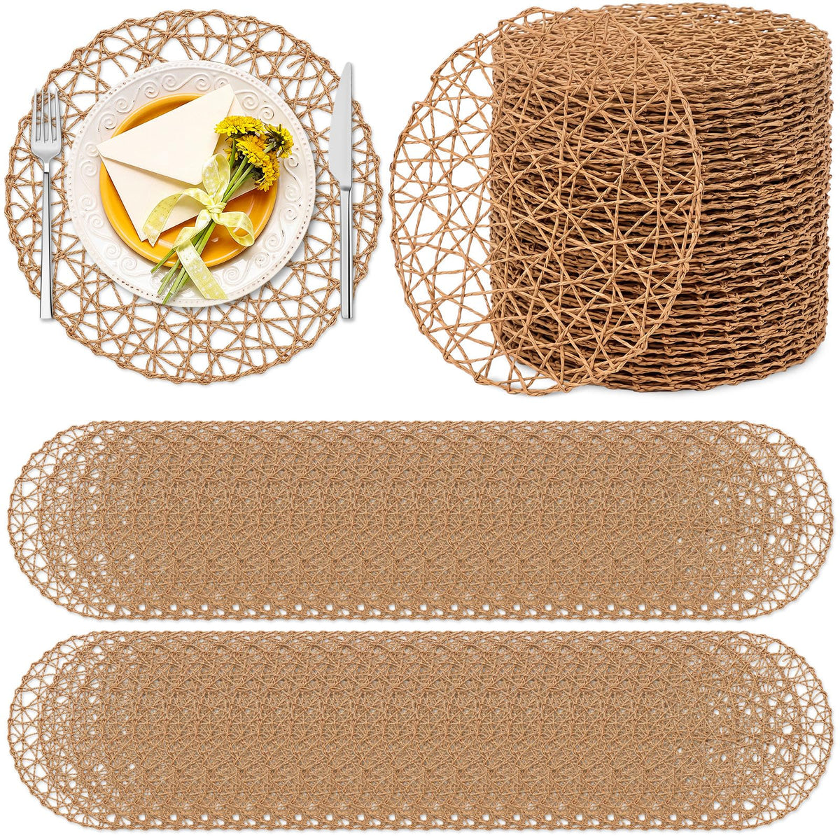 Threehoney Paper Braided Round Placemats, Set of 24, Brown, 13 in