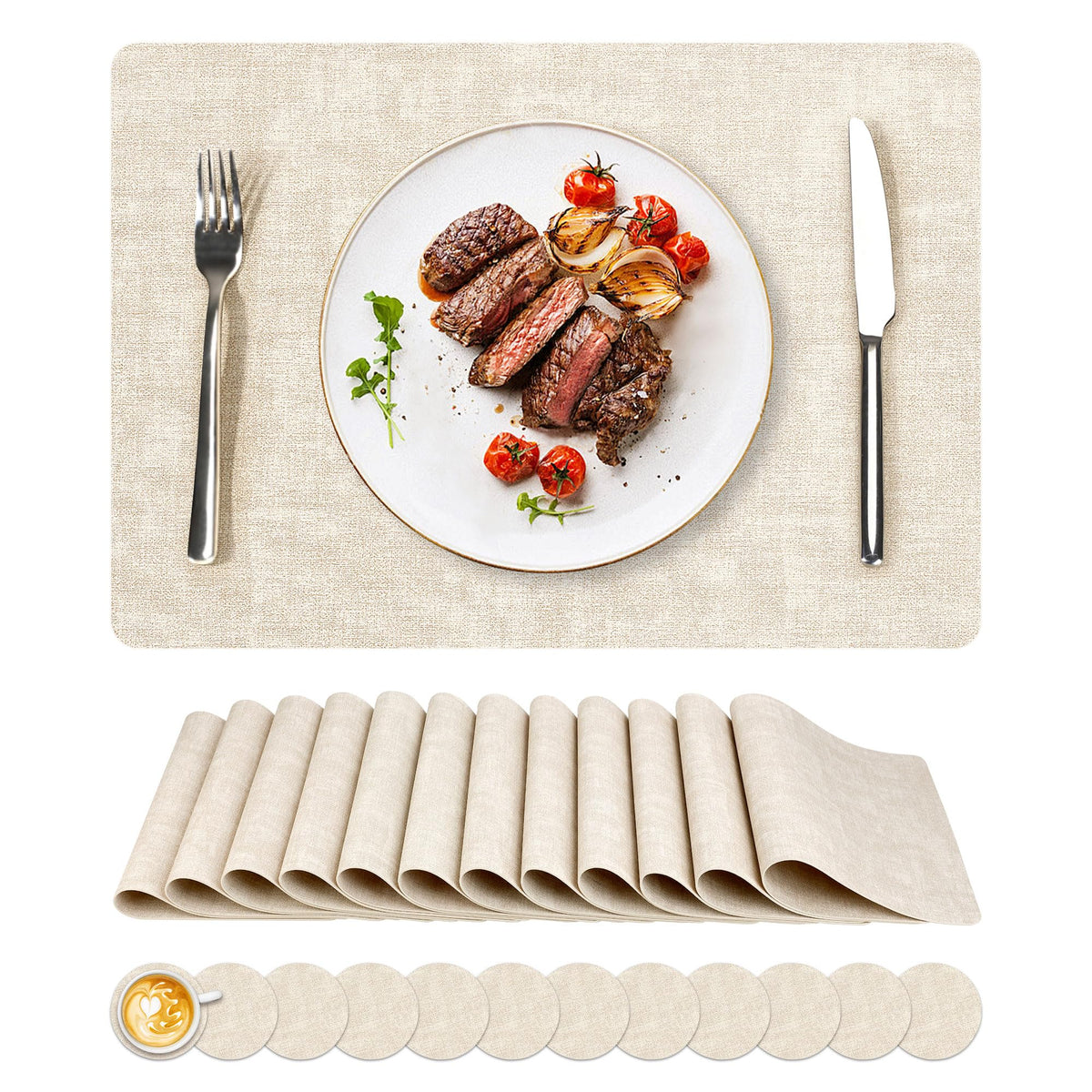 NCUE Vinyl Placemats Set of 6, 17"x12" Wipeable Place Mats with Coasters