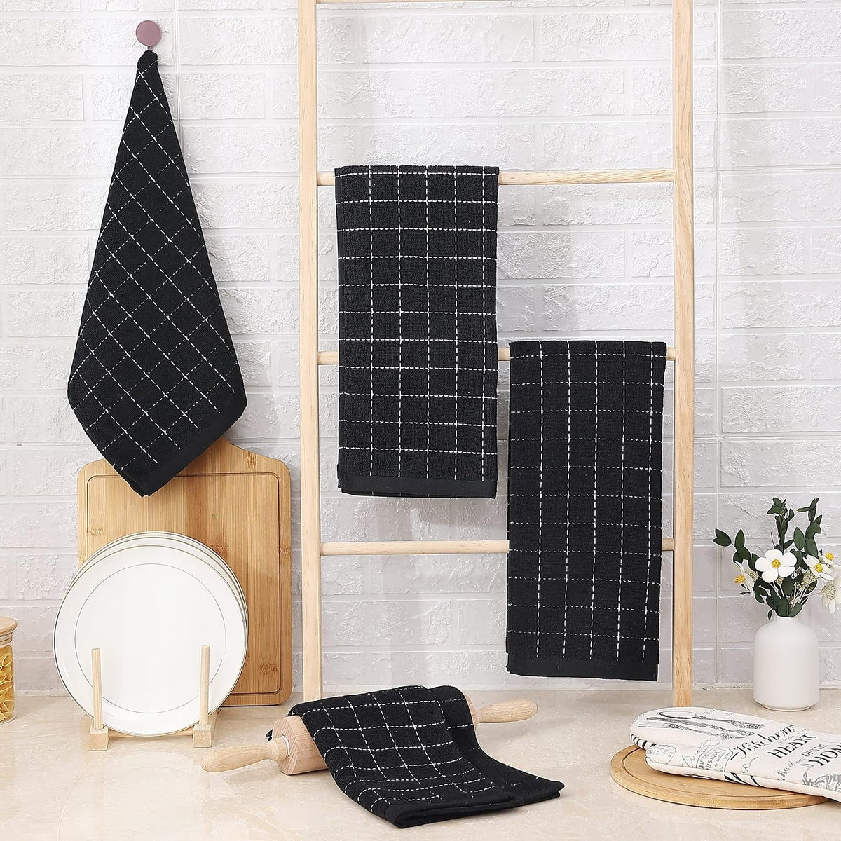 Homaxy 100% Cotton Terry Kitchen Towels, 4 Pack, Black